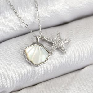 Pirinç Zirkon Taşlı İstiridye Ve Deniz Yıldızı Model Gümüş Renk Kadın Kolye