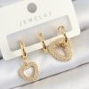 Pirinç Zirkon Taşlı Kalp Model Gold Renk 3'lü Çift Kadın Küpe Set