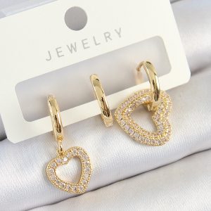 Pirinç Zirkon Taşlı Kalp Model Gold Renk 3'lü Çift Kadın Küpe Set