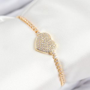 Pirinç Zirkon Taşlı Kalp Model Gold Renk Asansörlü Kadın Bileklik