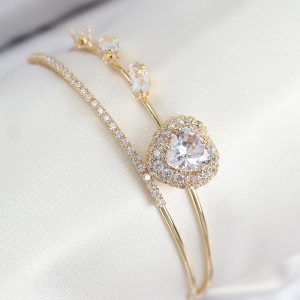 Pirinç Zirkon Taşlı Kalp Model Gold Renk Kadın Bileklik