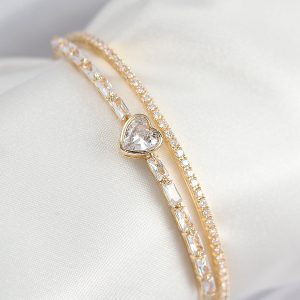 Pirinç Zirkon Taşlı Kalp Model Gold Renk Kadın Bileklik