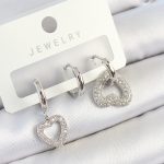 Pirinç Zirkon Taşlı Kalp Model Gümüş Renk 3'lü Çift Kadın Küpe Set