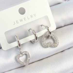 Pirinç Zirkon Taşlı Kalp Model Gümüş Renk 3'lü Çift Kadın Küpe Set