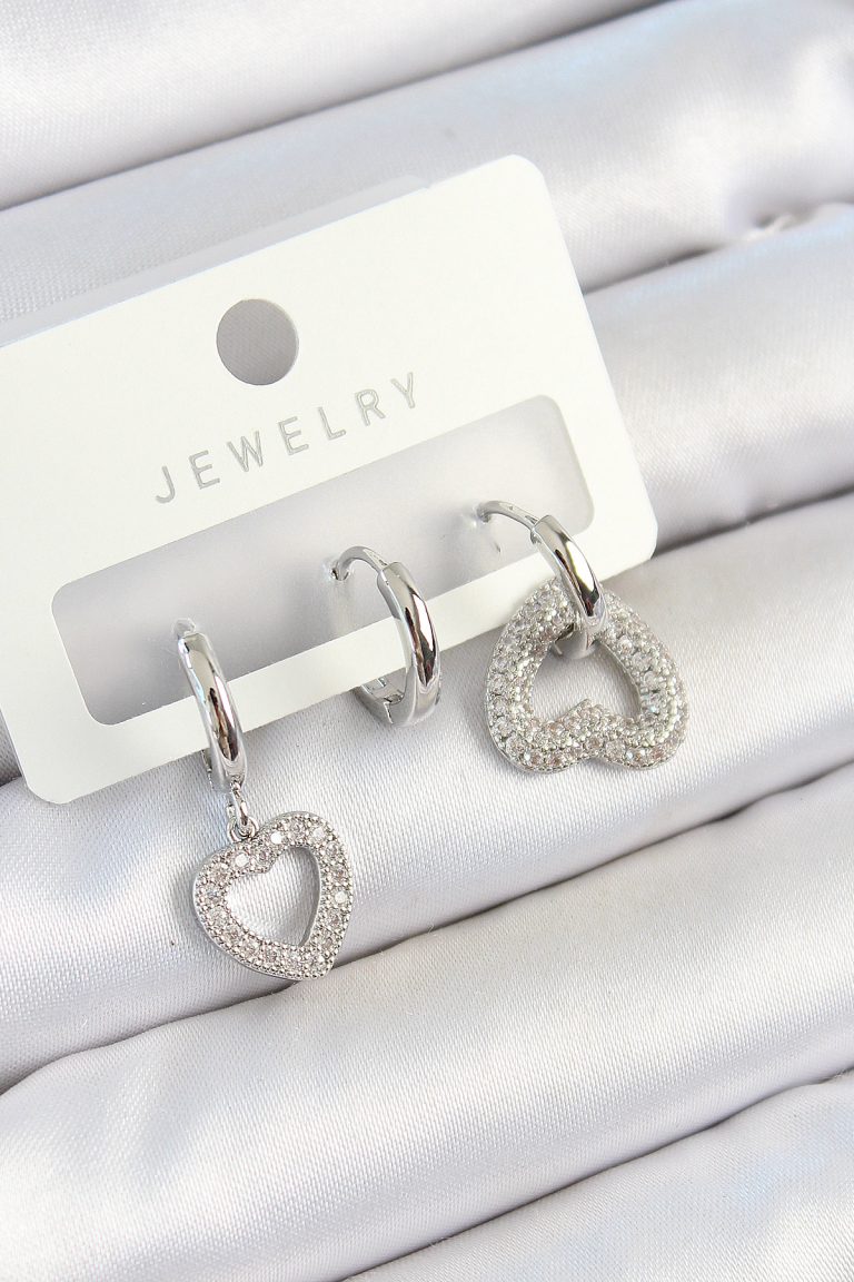 Pirinç Zirkon Taşlı Kalp Model Gümüş Renk 3'lü Çift Kadın Küpe Set