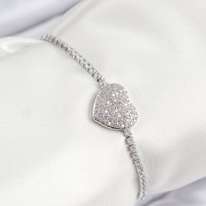 Pirinç Zirkon Taşlı Kalp Model Gümüş Renk Asansörlü Kadın Bileklik