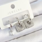 Pirinç Zirkon Taşlı Kare Model Gümüş Renk 3'lü Çift Kadın Küpe Set