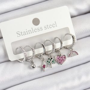 Pirinç Zirkon Taşlı Karpuz Yonca Kalp Pusula Karışık Model Gümüş Renk 6'lı Set Kadın Küpe