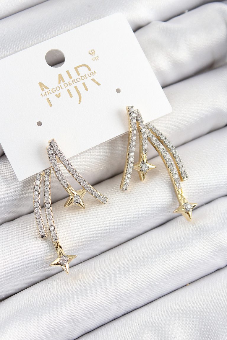 Pirinç Zirkon Taşlı Kayan Yıldız Model Gold Ve Gümüş Renk Kadın Küpe