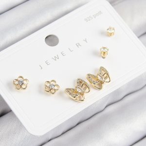Pirinç Zirkon Taşlı Kelebek Model Gold Renk 925 Ayar Gümüş Çivi Kadın Küpe Set