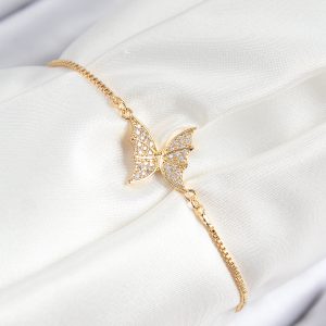 Pirinç Zirkon Taşlı Kelebek Model Gold Renk Asansörlü Kadın Bileklik