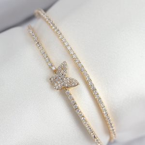 Pirinç Zirkon Taşlı Kelebek Model Gold Renk Kadın Bileklik