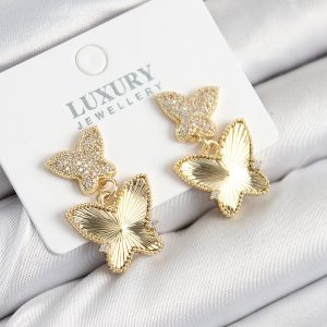 Pirinç Zirkon Taşlı Kelebek Model Gold Renk Kadın Küpe