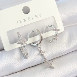 Pirinç Zirkon Taşlı Kelebek Ve Sallantılı Yıldız Model Gümüş Renk 3'lü Çift Kadın Küpe Set