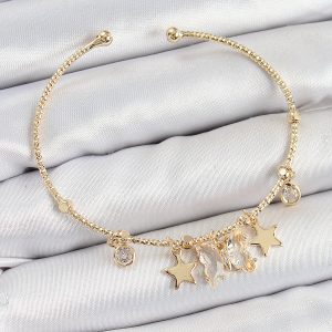 Pirinç Zirkon Taşlı Kelebek Ve Yıldız Model Gold Renk Charm Bileklik