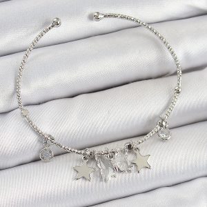 Pirinç Zirkon Taşlı Kelebek Ve Yıldız Model Gümüş Renk Charm Bileklik