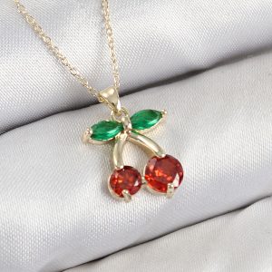 Pirinç Zirkon Taşlı Kiraz Model Gold Renk Kadın Kolye