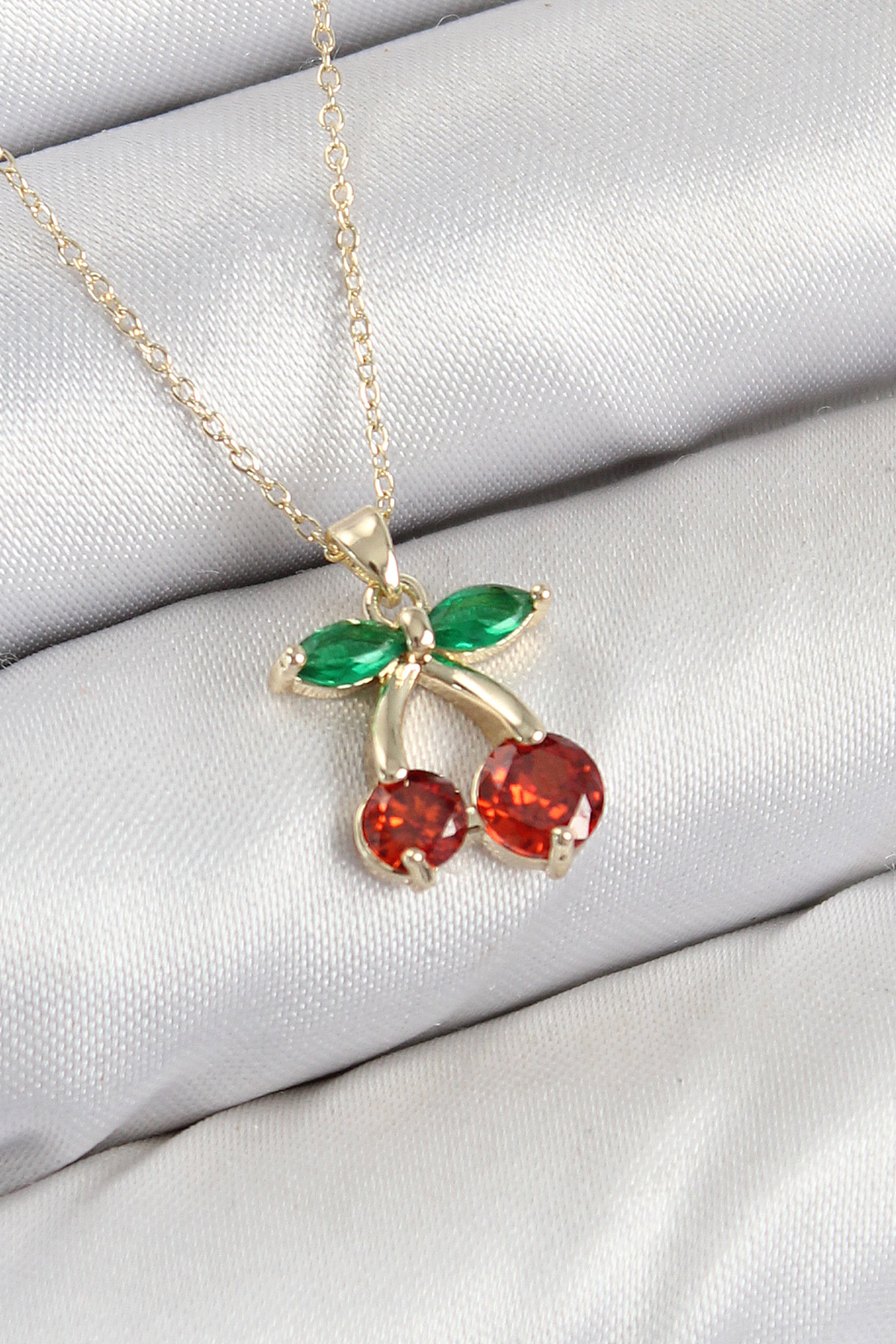 Pirinç Zirkon Taşlı Kiraz Model Gold Renk Kadın Kolye