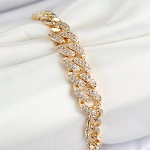 Pirinç Zirkon Taşlı Küba Zincir Model Gold Renk Kadın Bileklik