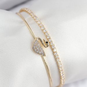 Pirinç Zirkon Taşlı Kuğu Model Gold Renk Kadın Bileklik