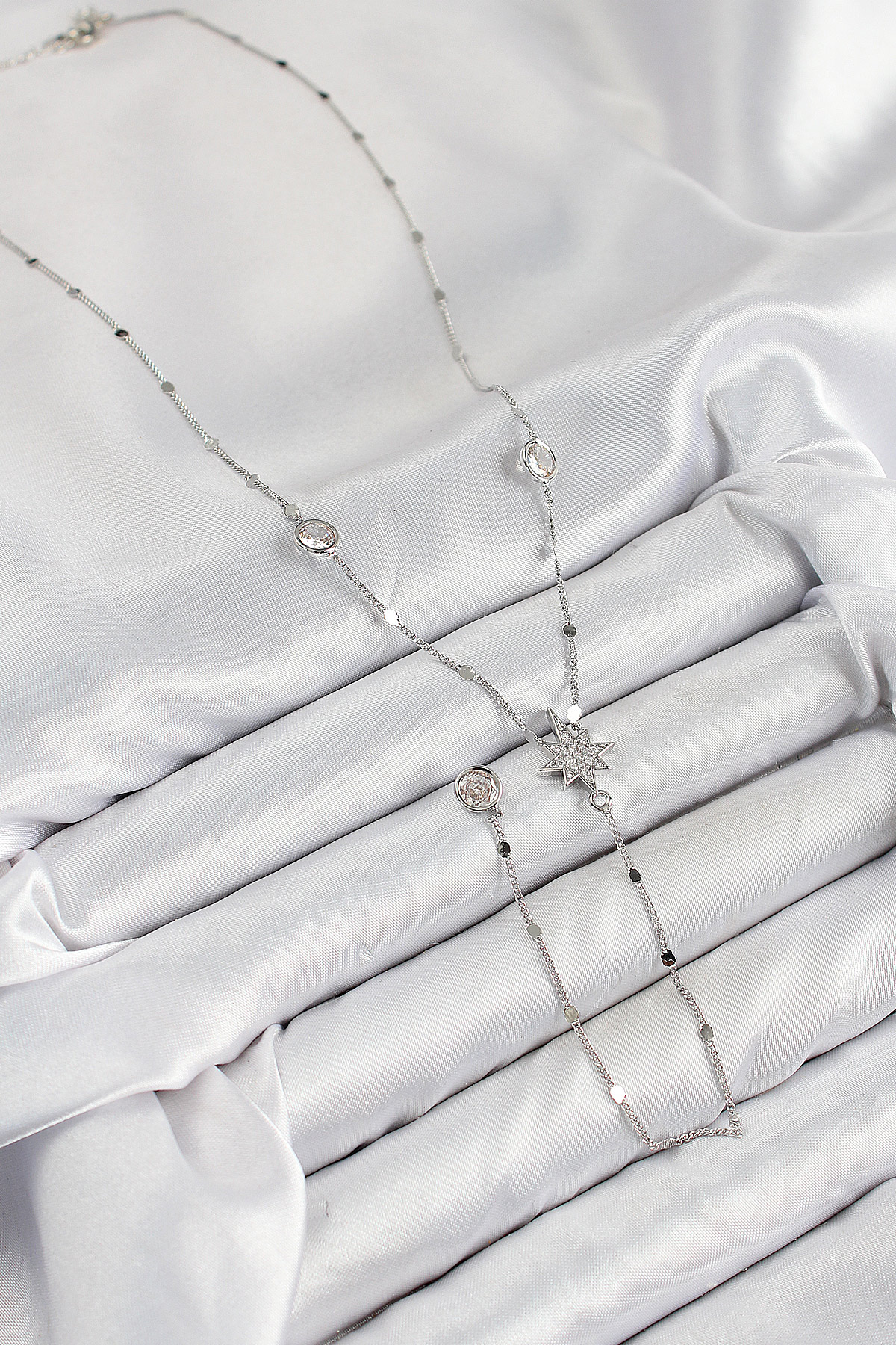 Pirinç Zirkon Taşlı Kutup Yıldızı Model Gümüş Renk Y Kolye