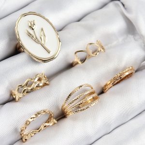 Pirinç Zirkon Taşlı Lale Model Gold Renk Kadın Yüzük Kombin Set