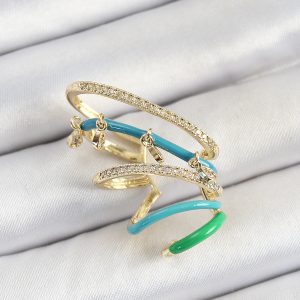 Pirinç Zirkon Taşlı Mavi Yeşil Sıkıştırma Sağ Kıkırdak Gold Renk Kadın Küpe