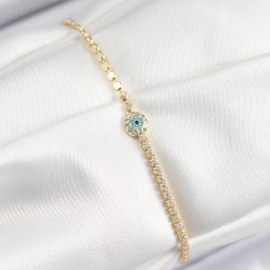 Pirinç Zirkon Taşlı Nazar Model Ezme Zincir Gold Renk Kadın Bileklik