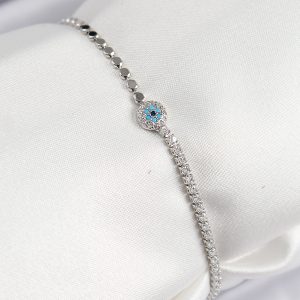 Pirinç Zirkon Taşlı Nazar Model Ezme Zincir Gümüş Renk Kadın Bileklik