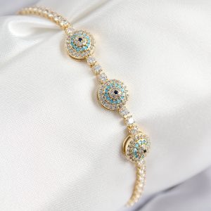 Pirinç Zirkon Taşlı Nazar Model Gold Renk Kadın Bileklik