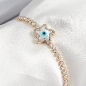 Pirinç Zirkon Taşlı Nazar Yıldız Model Gold Renk Asansörlü Kadın Bileklik