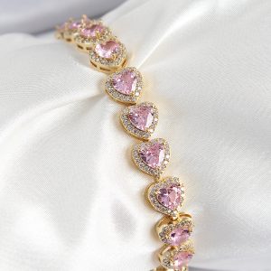 Pirinç Zirkon Taşlı Pembe Kalp Baget Model Gold Renk VIP Seri Kadın Bileklik