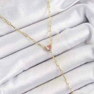 Pirinç Zirkon Taşlı Pembe Kalp Figürlü Y Model Gold Renk Kadın Kolye