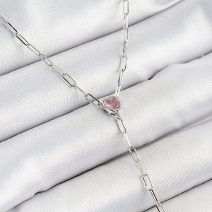 Pirinç Zirkon Taşlı Pembe Kalp Figürlü Y Model Gümüş Renk Kadın Kolye