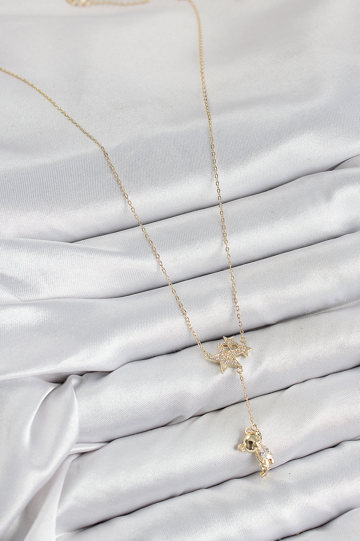 Pirinç Zirkon Taşlı Sallantılı Ayıcıklı Yıldız Model Gold Renk Kadın Kolye