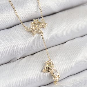 Pirinç Zirkon Taşlı Sallantılı Ayıcıklı Yıldız Model Gold Renk Kadın Kolye