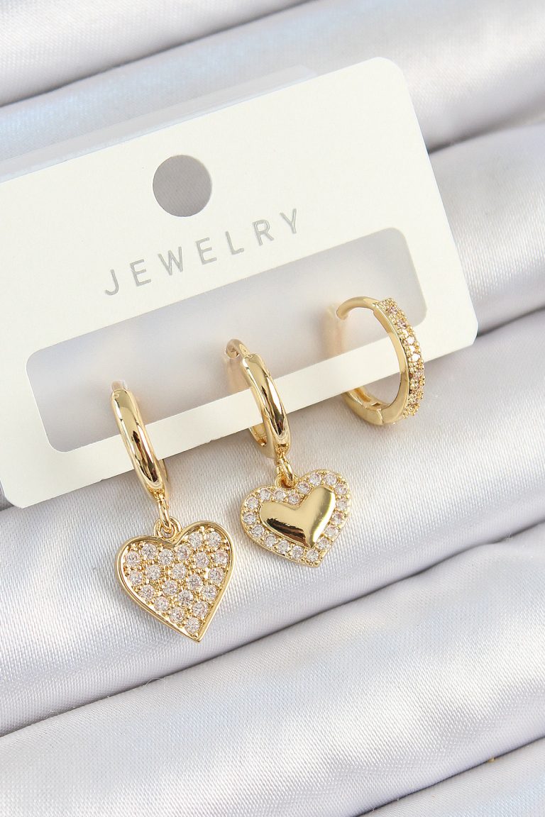 Pirinç Zirkon Taşlı Sallantılı Kalp Model Gold Renk 3'lü Çift Kadın Küpe Set