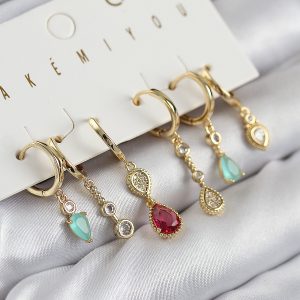 Pirinç Zirkon Taşlı Sallantılı Model Gold Renk 6'lı Küpe Set