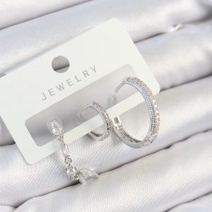 Pirinç Zirkon Taşlı Sallantılı Model Gümüş Renk 3'lü Çift Kadın Küpe Set