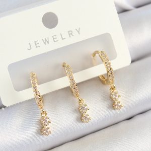 Pirinç Zirkon Taşlı Sallantılı Yıldız Model Gold Renk 3'lü Çift Kadın Küpe Set