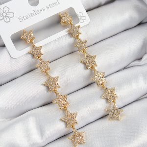 Pirinç Zirkon Taşlı Sallantılı Yıldız Model Gold Renk Kadın Küpe