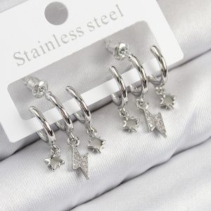 Pirinç Zirkon Taşlı Şimşek Model Gümüş Renk Kadın Küpe