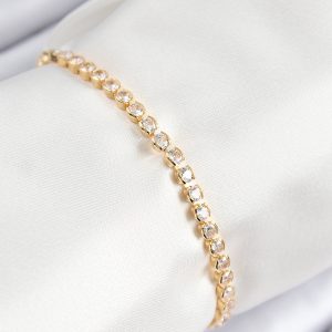 Pirinç Zirkon Taşlı Sıralı Model Gold Renk Asansörlü Kadın Bileklik