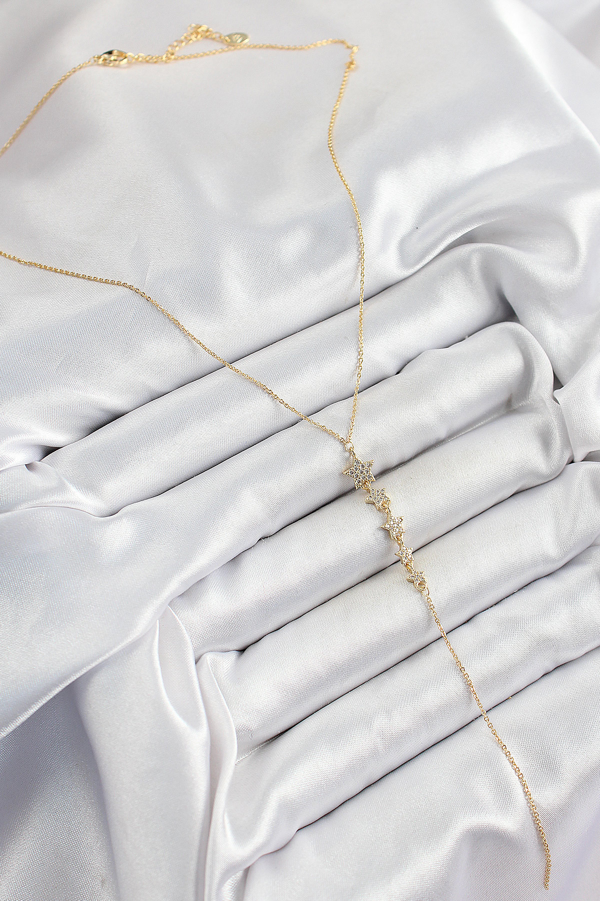 Pirinç Zirkon Taşlı Sıralı Yıldız Figürlü Y Model Gold Renk Kadın Kolye