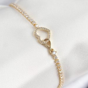 Pirinç Zirkon Taşlı Sonsuzluk Kalp Model Gold Renk Kadın Bileklik