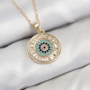 Pirinç Zirkon Taşlı Su Yolu Nazar Model Gold Renk Kadın Kolye