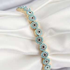 Pirinç Zirkon Taşlı Turkuaz Nazar Model Gold Renk Lastikli Kadın Bileklik