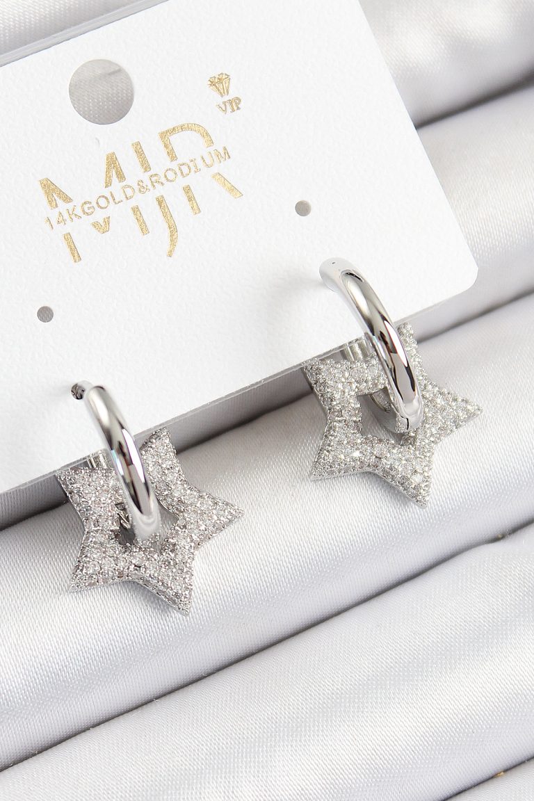 Pirinç Zirkon Taşlı Yıldız Figürlü Halka Model Gümüş Renk Kadın Küpe