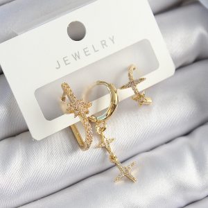 Pirinç Zirkon Taşlı Yıldız Model Gold Renk 3'lü Çift Kadın Küpe Set