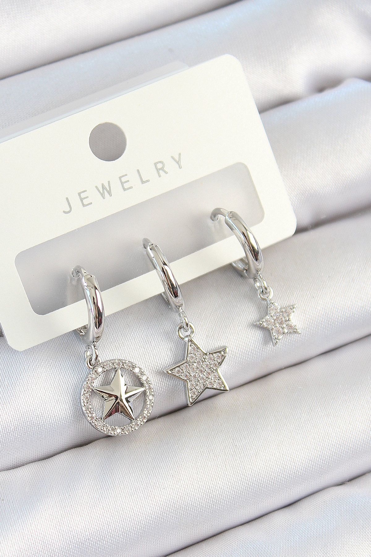 Pirinç Zirkon Taşlı Yıldız Model Gümüş Renk 3'lü Çift Kadın Küpe Set